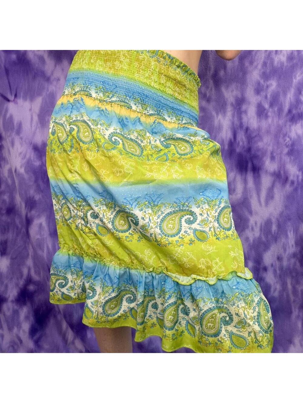 Yellow green blue paisley skirt with sheared elastic waistband